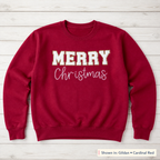 White & Gold Merry Christmas Sweatshirt. Shown in: Gildan • Cardinal Red.
