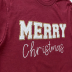White & Gold Merry Christmas Long-Sleeve Tee. Shown in: Gildan • Cardinal Red.