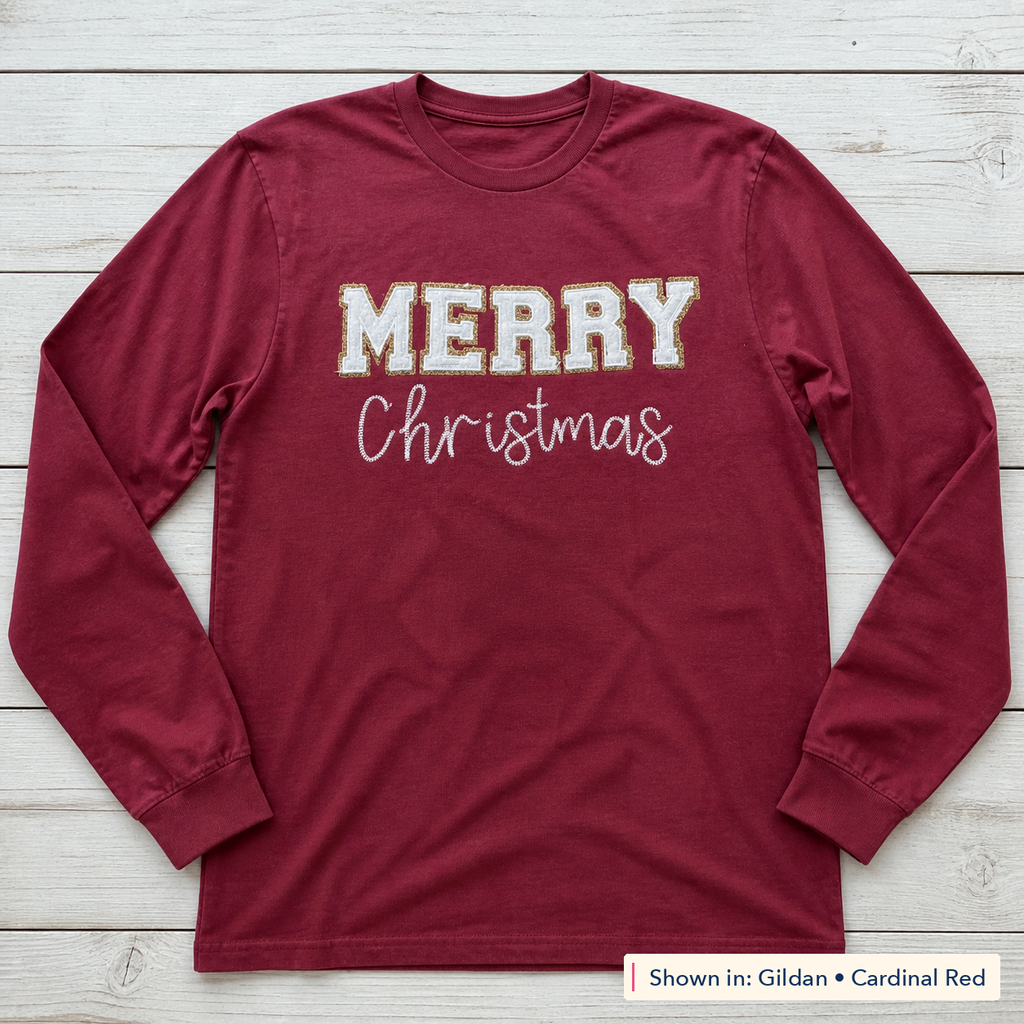 White & Gold Merry Christmas Long-Sleeve Tee. Shown in: Gildan • Cardinal Red.