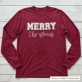 White & Gold Merry Christmas Long-Sleeve Tee. Shown in: Gildan • Cardinal Red.