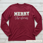 White & Gold Merry Christmas Long-Sleeve Tee. Shown in: Gildan • Cardinal Red.