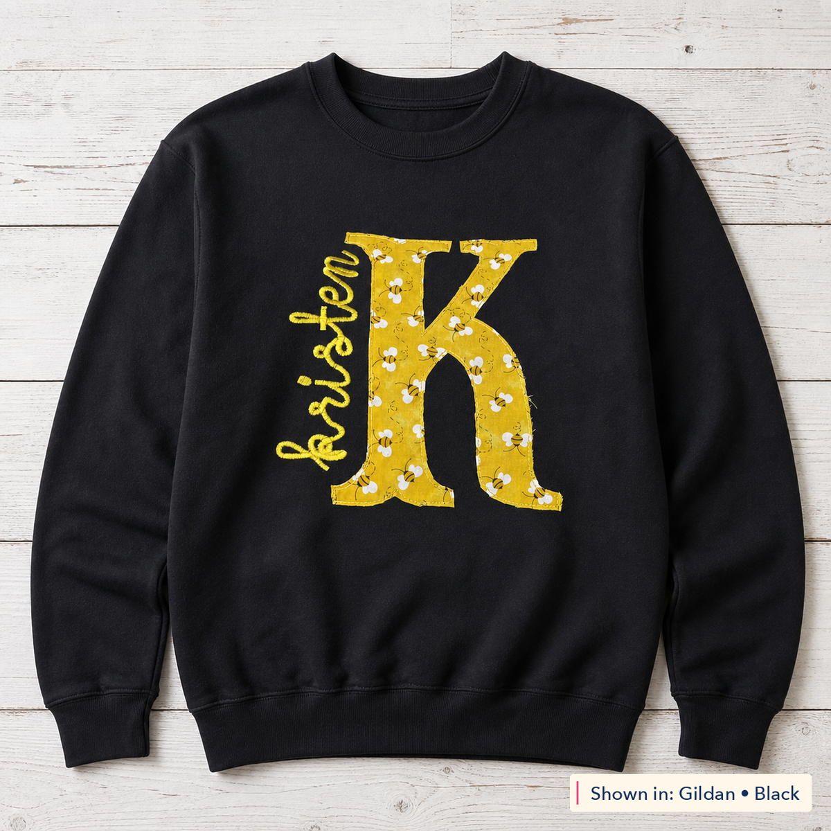 Bee Print Initial & Name Sweatshirt. Shown in: Gildan • Black.