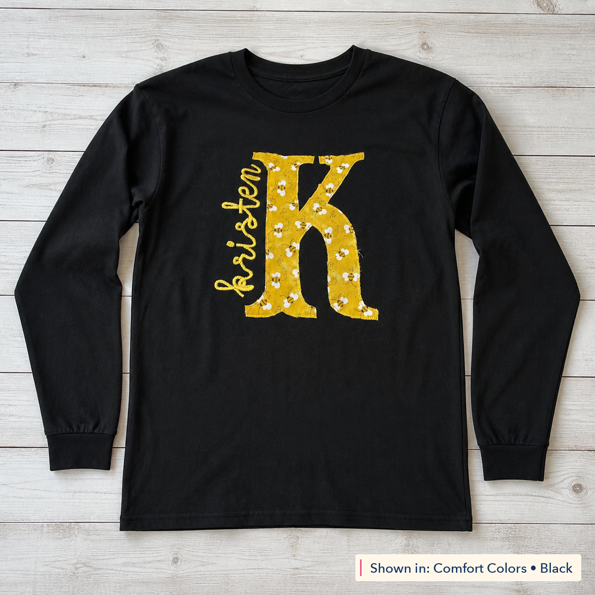 Bee Print Initial & Name Long-Sleeve Tee. Shown in: Comfort Colors • Black.