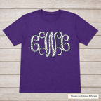 Black & White Dot Vine Monogram Tee. Shown in: Gildan • Purple.