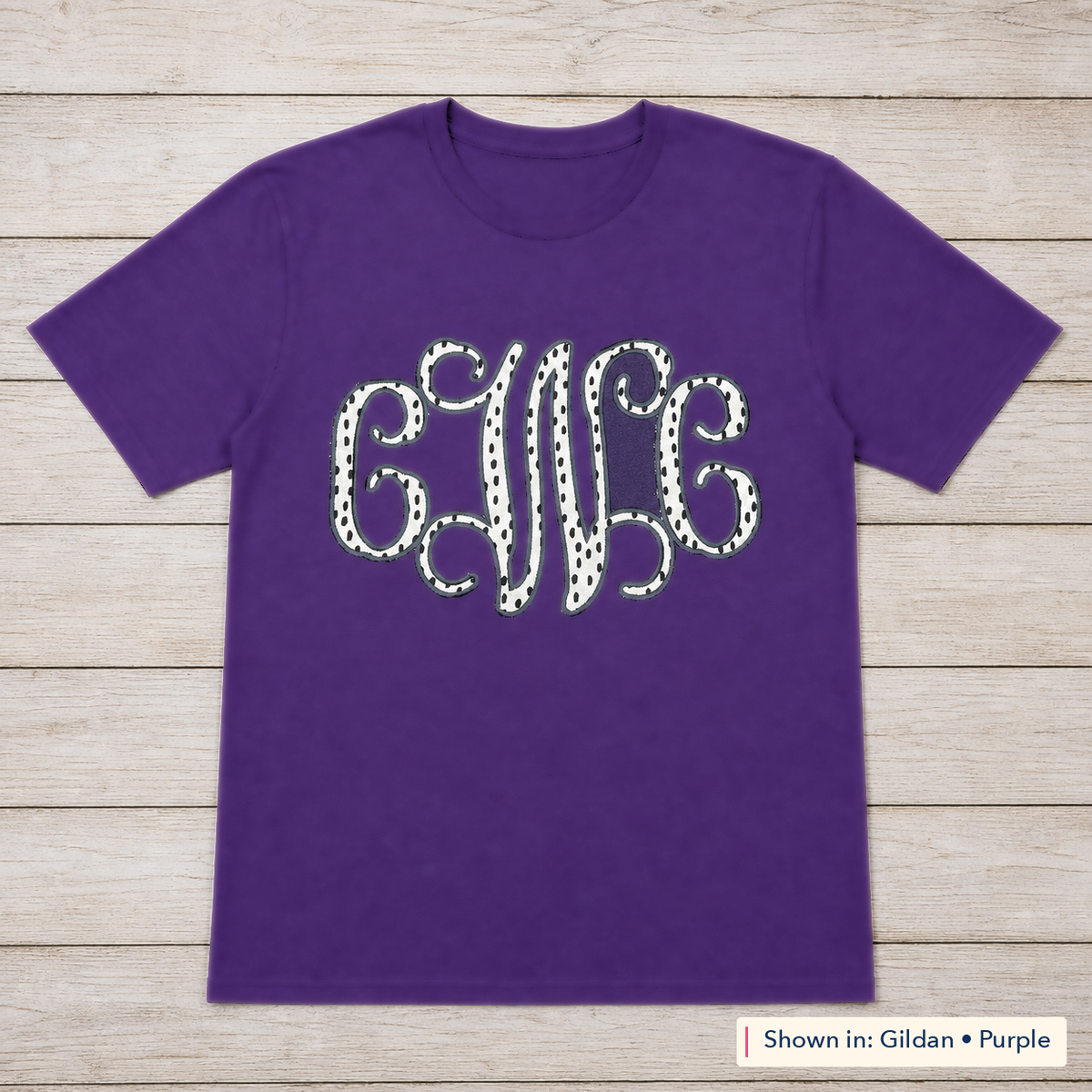 Black & White Dot Vine Monogram Tee. Shown in: Gildan • Purple.