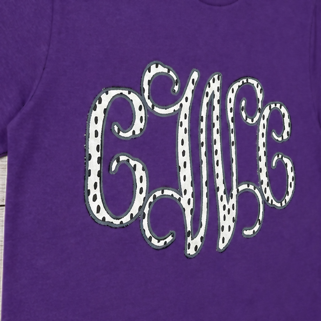 Black & White Dot Vine Monogram Tee. Shown in: Gildan • Purple.