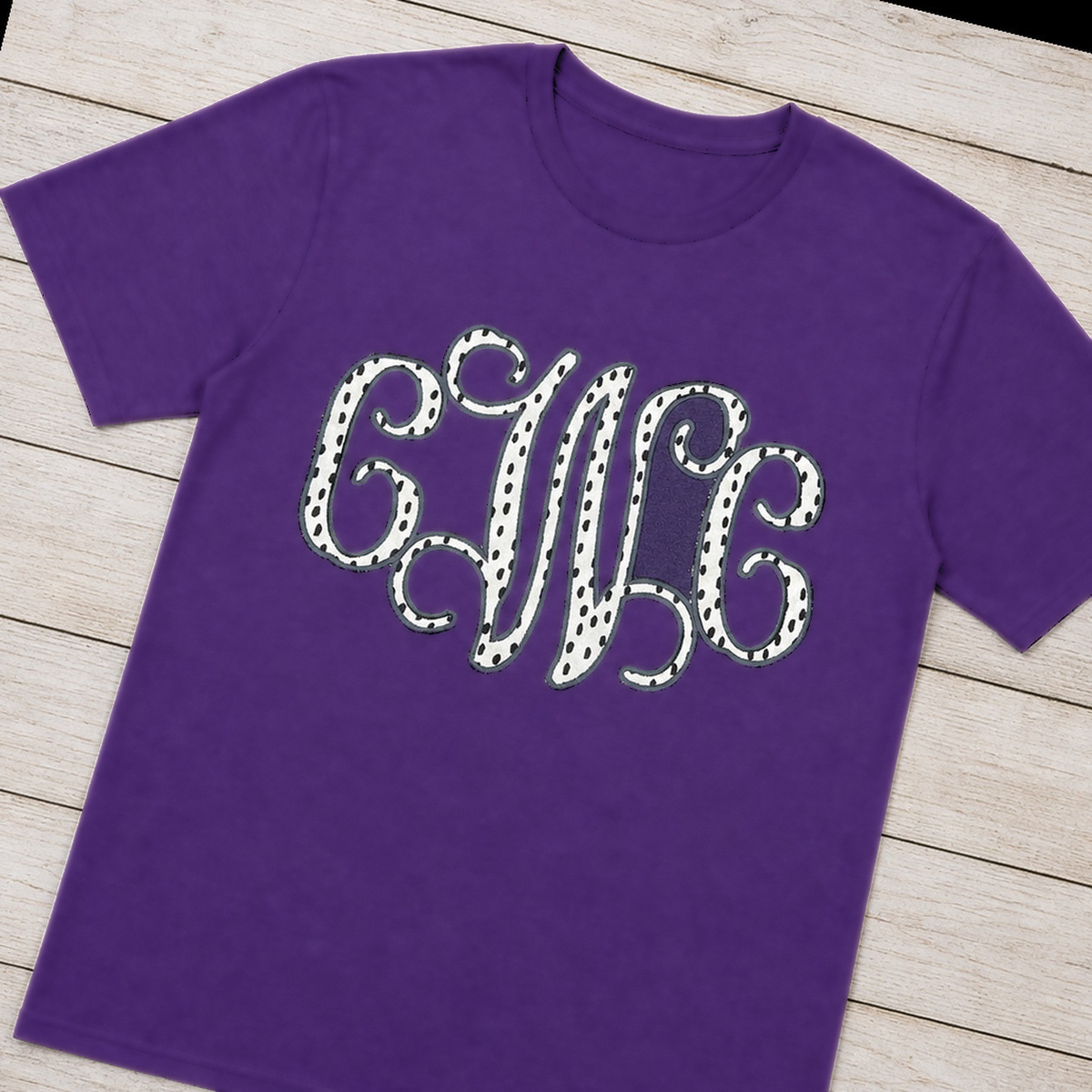 Black & White Dot Vine Monogram Tee. Shown in: Gildan • Purple.