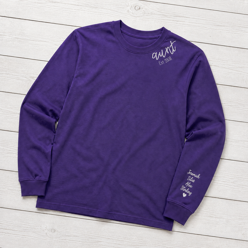 Established Script & Sleeve Names Long-Sleeve Tee. Curved-neck embroidery. Shown in: Gildan • Purple.