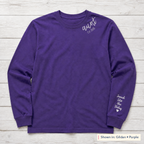 Established Script & Sleeve Names Long-Sleeve Tee. Curved-neck embroidery. Shown in: Gildan • Purple.