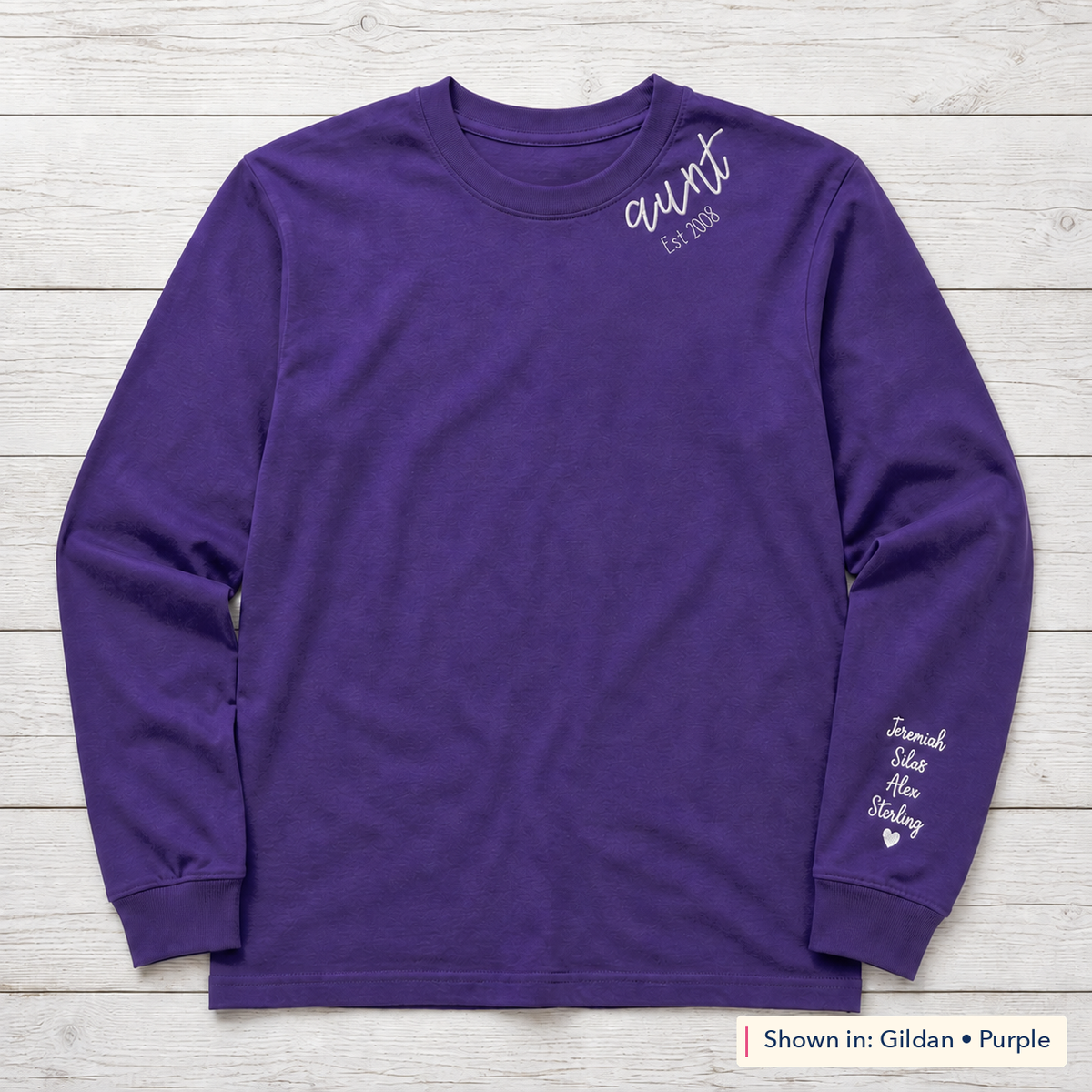 Established Script & Sleeve Names Long-Sleeve Tee. Curved-neck embroidery. Shown in: Gildan • Purple.