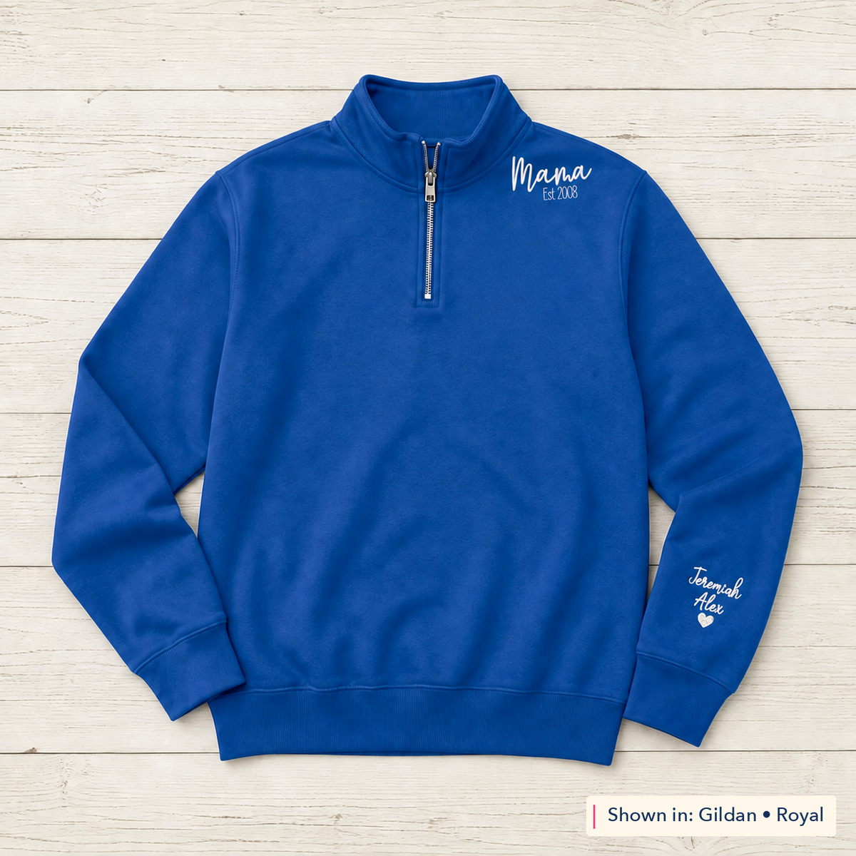 Established Script & Sleeve Names Quarter-Zip. Curved-neck embroidery. Shown in: Gildan • Royal.