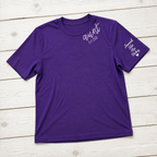Established Script & Sleeve Names Tee. Curved-neck embroidery. Shown in: Gildan • Purple.