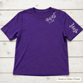 Established Script & Sleeve Names Tee. Curved-neck embroidery. Shown in: Gildan • Purple.