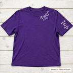 Established Script & Sleeve Names Tee. Curved-neck embroidery. Shown in: Gildan • Purple.
