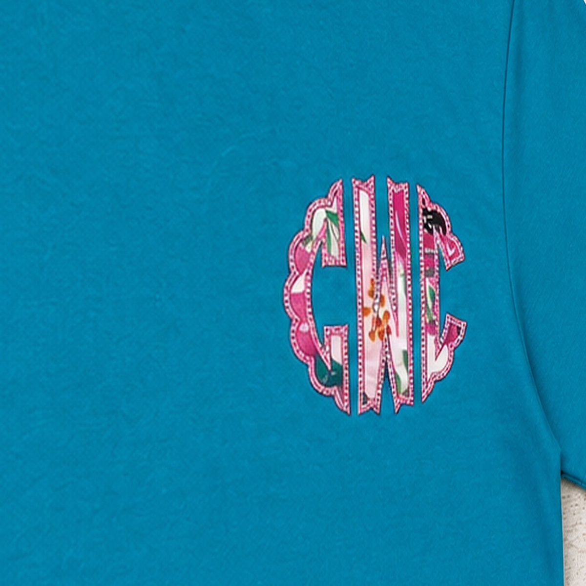 Pink Floral Chest Monogram Tee. Shown in: Gildan • Antique Sapphire.