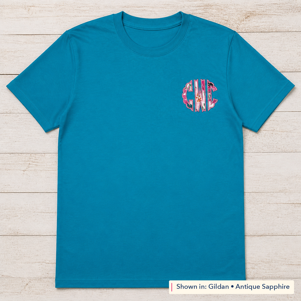 Pink Floral Chest Monogram Tee. Shown in: Gildan • Antique Sapphire.