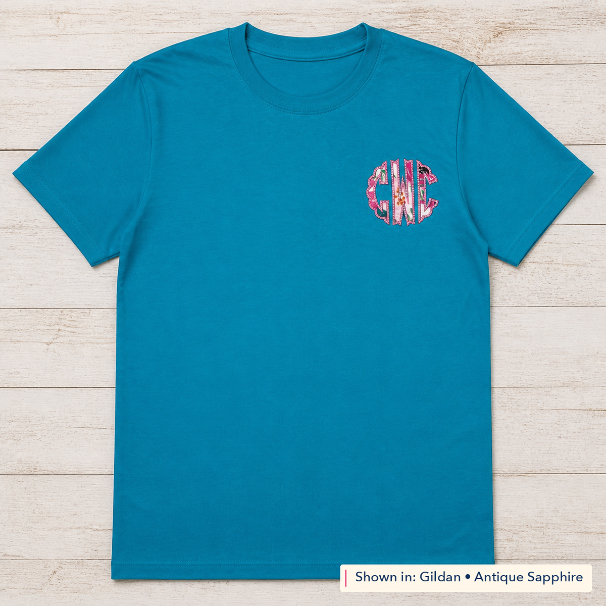 Pink Floral Chest Monogram Tee. Shown in: Gildan • Antique Sapphire.