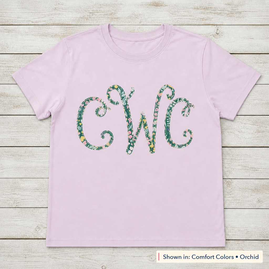 Bright Floral Vine Monogram Tee. Shown in: Comfort Colors • Orchid.