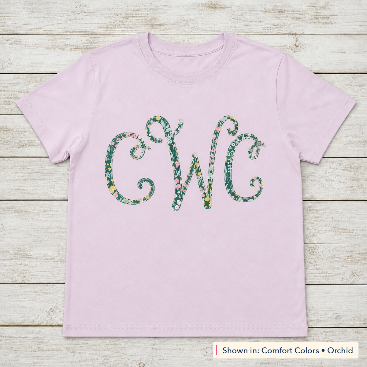 Bright Floral Vine Monogram Tee. Shown in: Comfort Colors • Orchid.