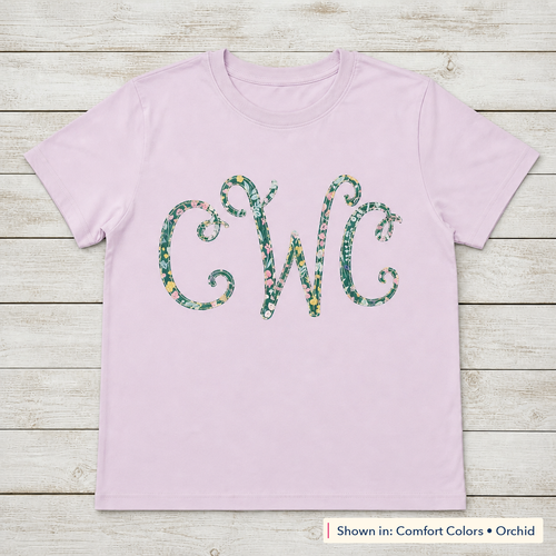 Bright Floral Vine Monogram Tee. Shown in: Comfort Colors • Orchid.