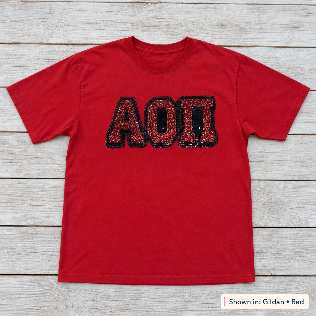 Greek Letter Sequin Tee. Shown in: Gildan • Red.