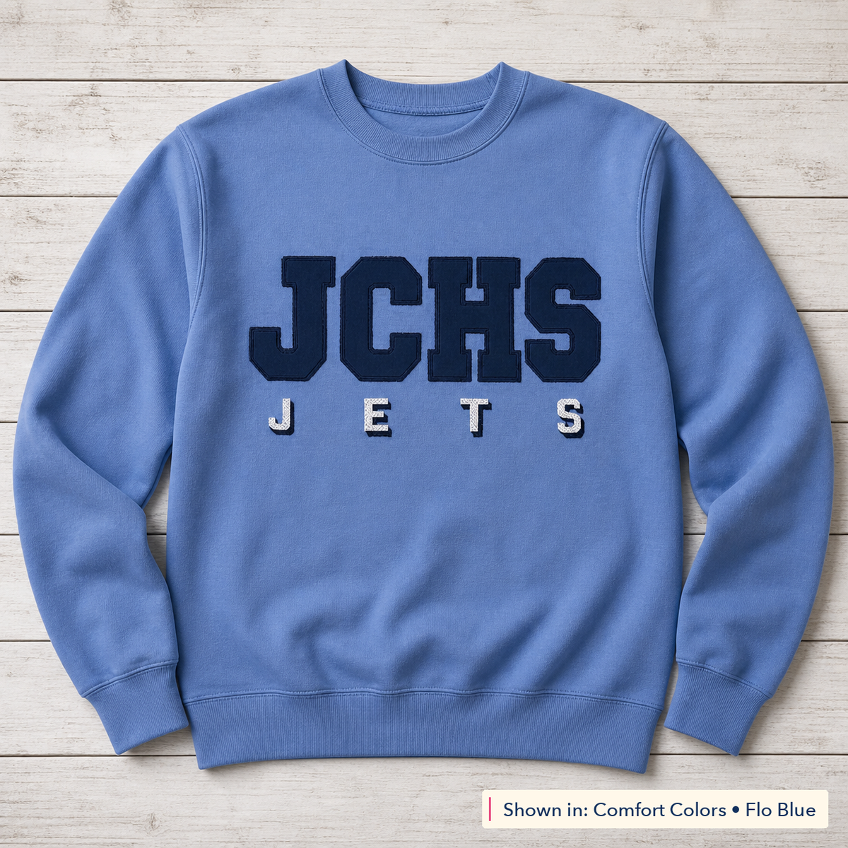 Team Lettering & Back Name Sweatshirt. Shown in: Comfort Colors • Flo Blue.