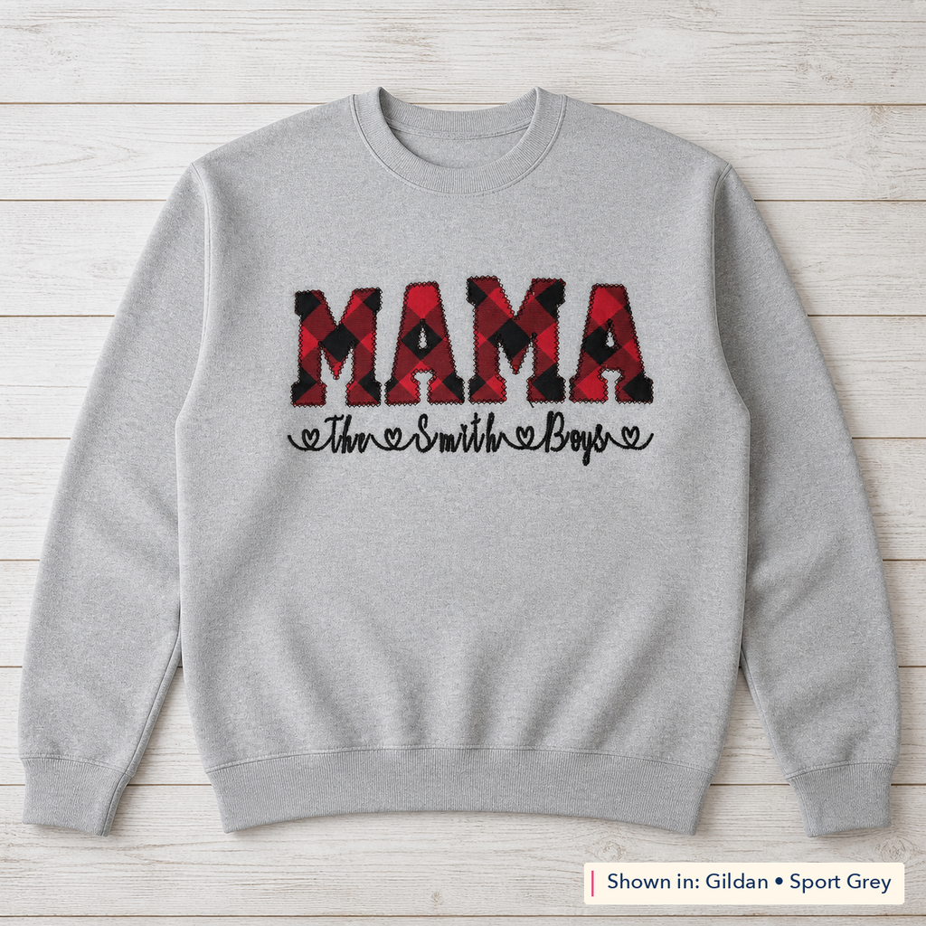 Buffalo Plaid Lettering & Family Names Sweatshirt. Shown in: Gildan • Sport Grey.