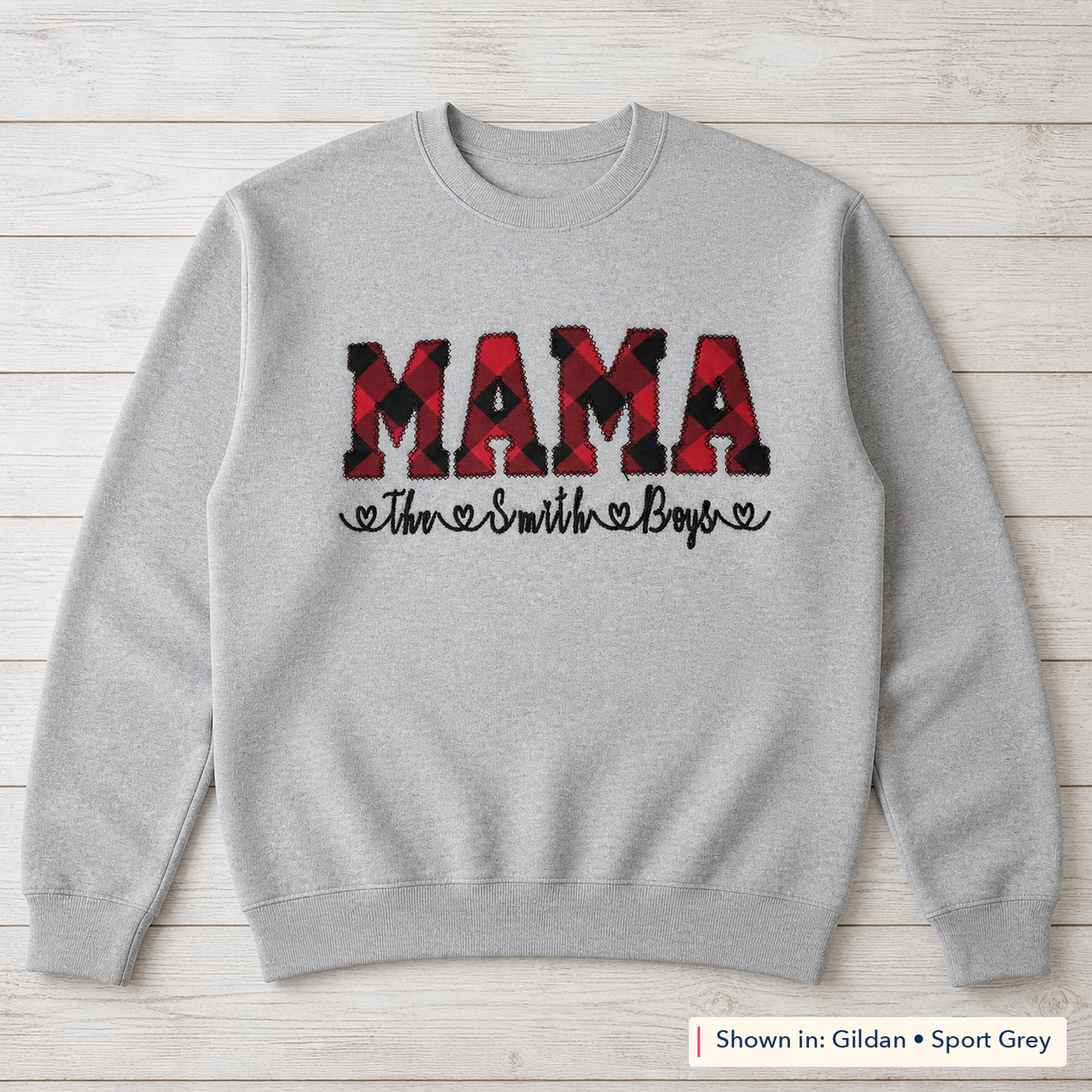 Buffalo Plaid Lettering & Family Names Sweatshirt. Shown in: Gildan • Sport Grey.