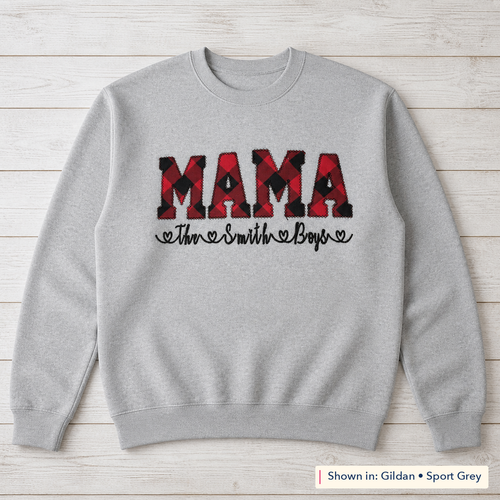 Buffalo Plaid Lettering & Family Names Sweatshirt. Shown in: Gildan • Sport Grey.