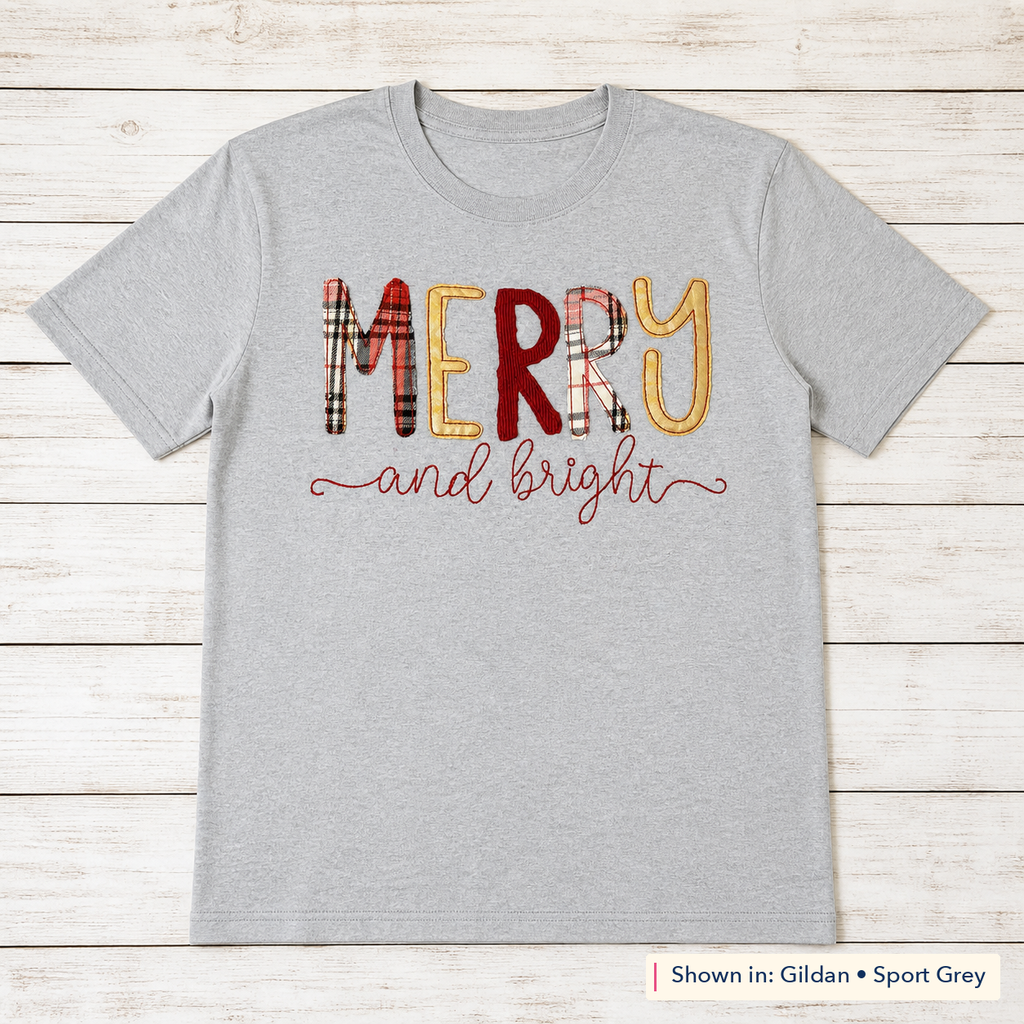 Merry & Bright Plaid Tee. Shown in: Gildan • Sport Grey.