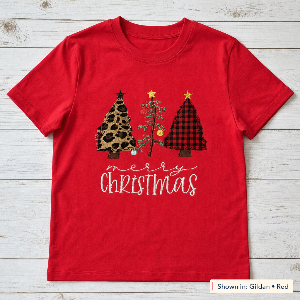 Patterned Christmas Trees Tee. Shown in: Gildan • Red.