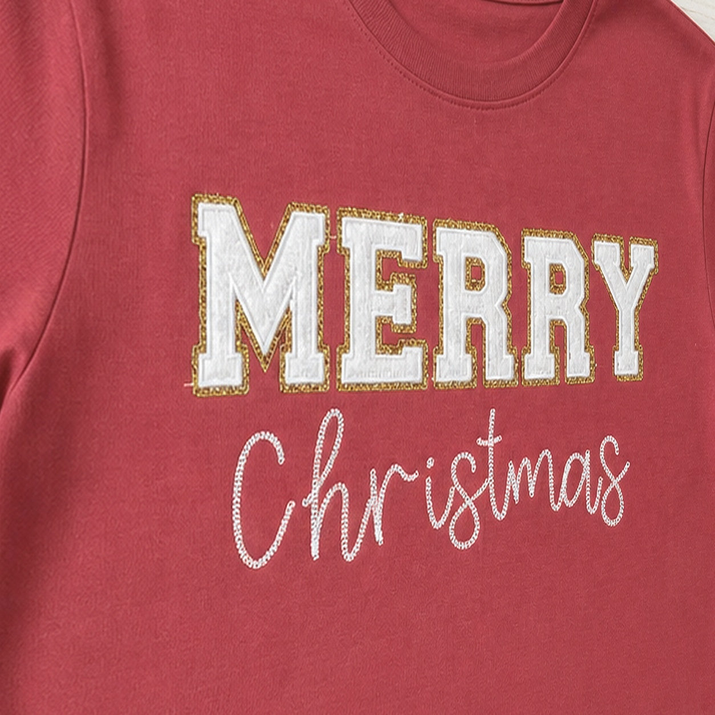 White & Gold Merry Christmas Tee. Shown in: Comfort Colors • Chili.