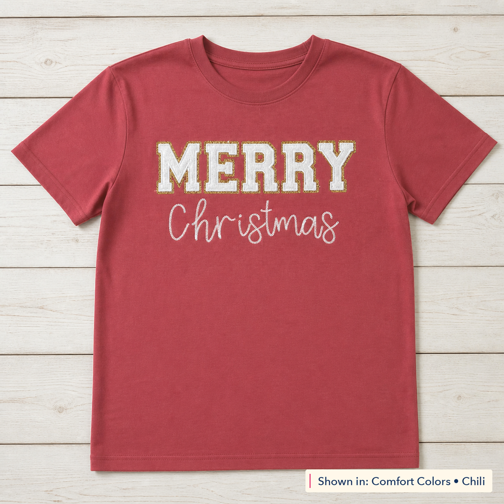 White & Gold Merry Christmas Tee. Shown in: Comfort Colors • Chili.