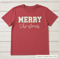 White & Gold Merry Christmas Tee. Shown in: Comfort Colors • Chili.