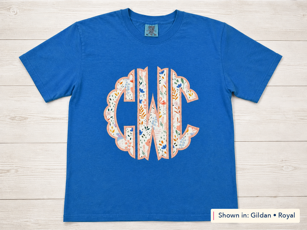 Pastel Floral Scalloped Monogram Tee. Shown in: Gildan • Royal.