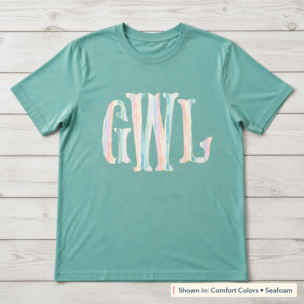 Pastel Stripe Serif Monogram Tee. Shown in: Comfort Colors • Seafoam.