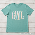 Pastel Stripe Serif Monogram Tee. Shown in: Comfort Colors • Seafoam.