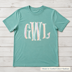 Pastel Stripe Serif Monogram Tee. Shown in: Comfort Colors • Seafoam.