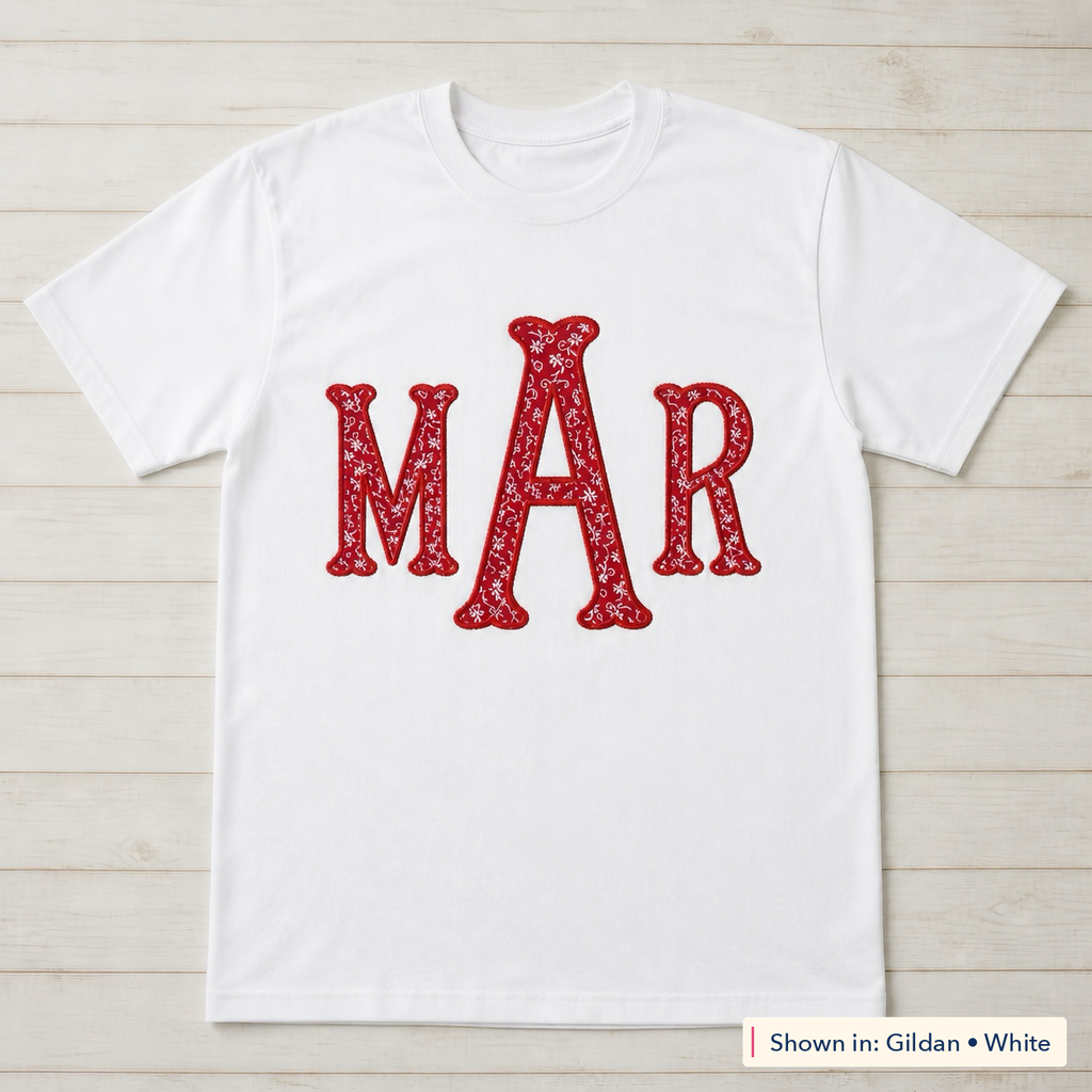 Red Floral Serif Monogram Tee. Shown in: Gildan • White.