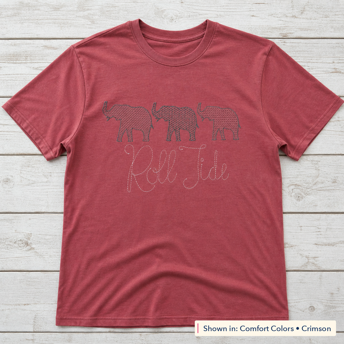 Roll Tide Elephant Trio Tee. Shown in: Comfort Colors • Crimson.
