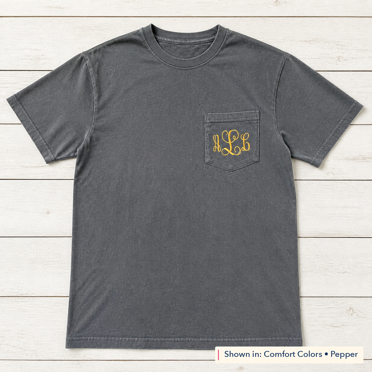 Script Monogram Short-Sleeve Pocket Tee. Shown in: Comfort Colors • Pepper.