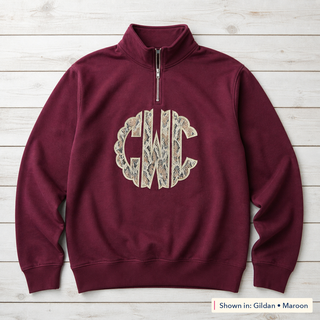 Snakeskin Scalloped Monogram Quarter-Zip. Shown in: Gildan • Maroon.