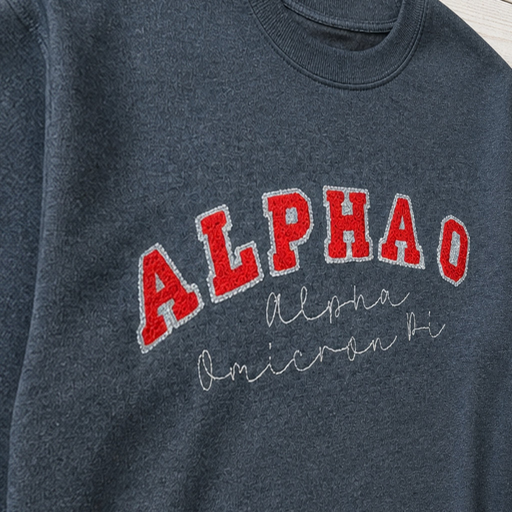 arched varsity script crewneck embroidery close-up