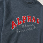 arched varsity script crewneck embroidery close-up