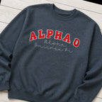 arched varsity script crewneck styled flat lay