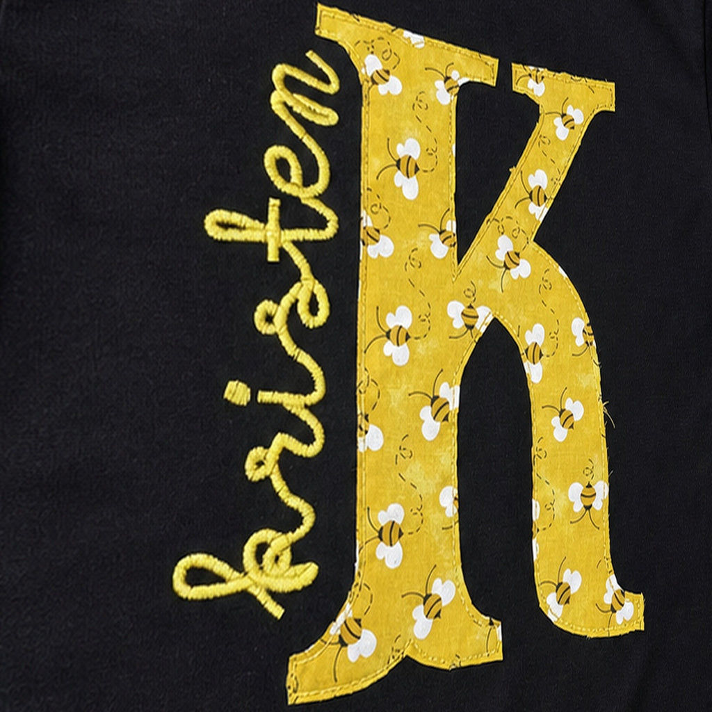 bee initial name short sleeve embroidery close-up