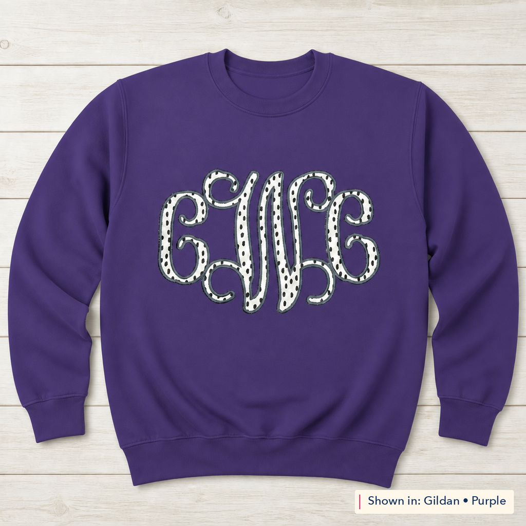 Gildan 18000 Purple sweatshirt with black dot vine monogram; shown in Gildan Purple