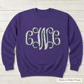 Gildan 18000 Purple sweatshirt with black dot vine monogram; shown in Gildan Purple