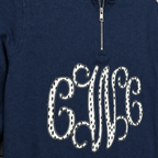 Close-up of Black and White Dot Vine Monogram on Comfort Colors G1580 True Navy quarter-zip