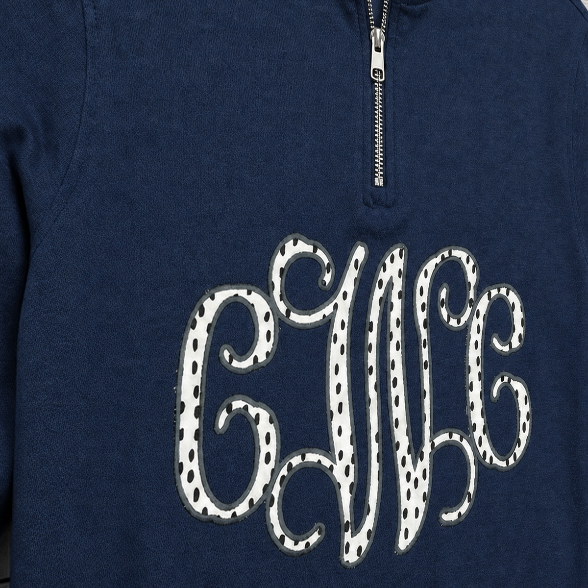 Close-up of Black and White Dot Vine Monogram on Comfort Colors G1580 True Navy quarter-zip